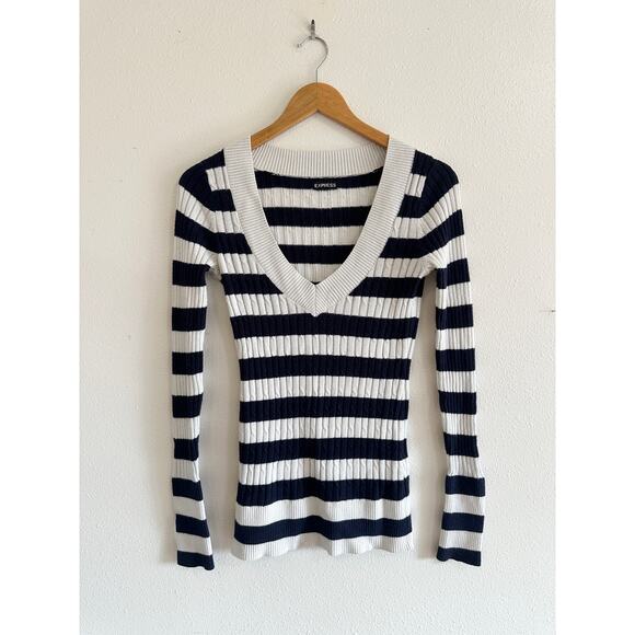 Y2K Navy & White Stripe V-Neck Sweater - Picture 1 of 8